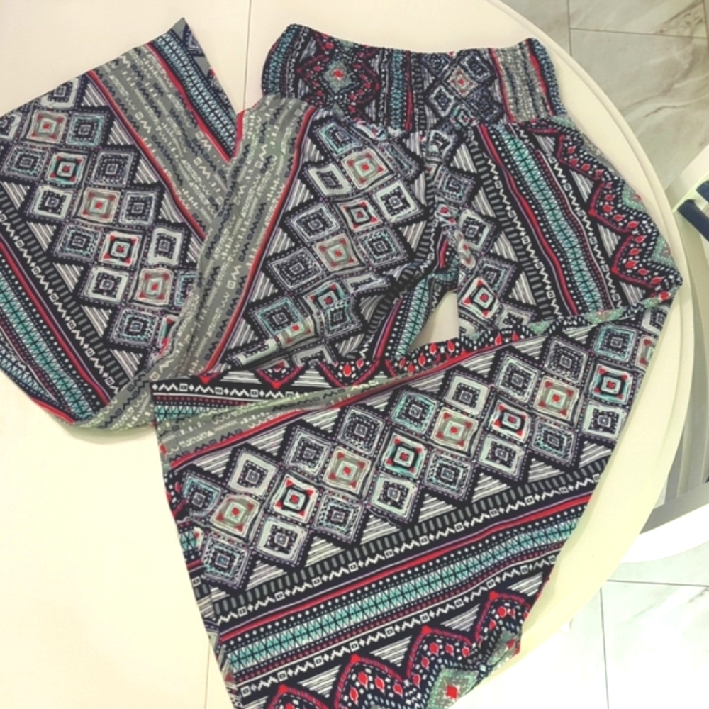 Bohemian Boho Palazzo Patterned Wide-Leg Pants EUC